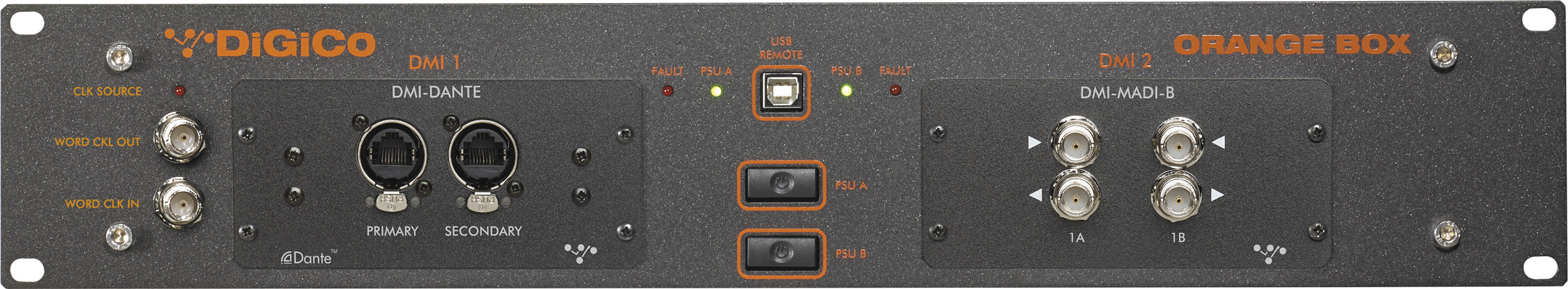 DiGiCo Orange Box Format Converter mit 2x DMI-Slot und 2x PSU zur Konvertierung von / nach: Dante, Hydra, MADI (BNC), MADI (RJ45), Optocore, Aviom, ADC, DAC, AES, SoundGrid